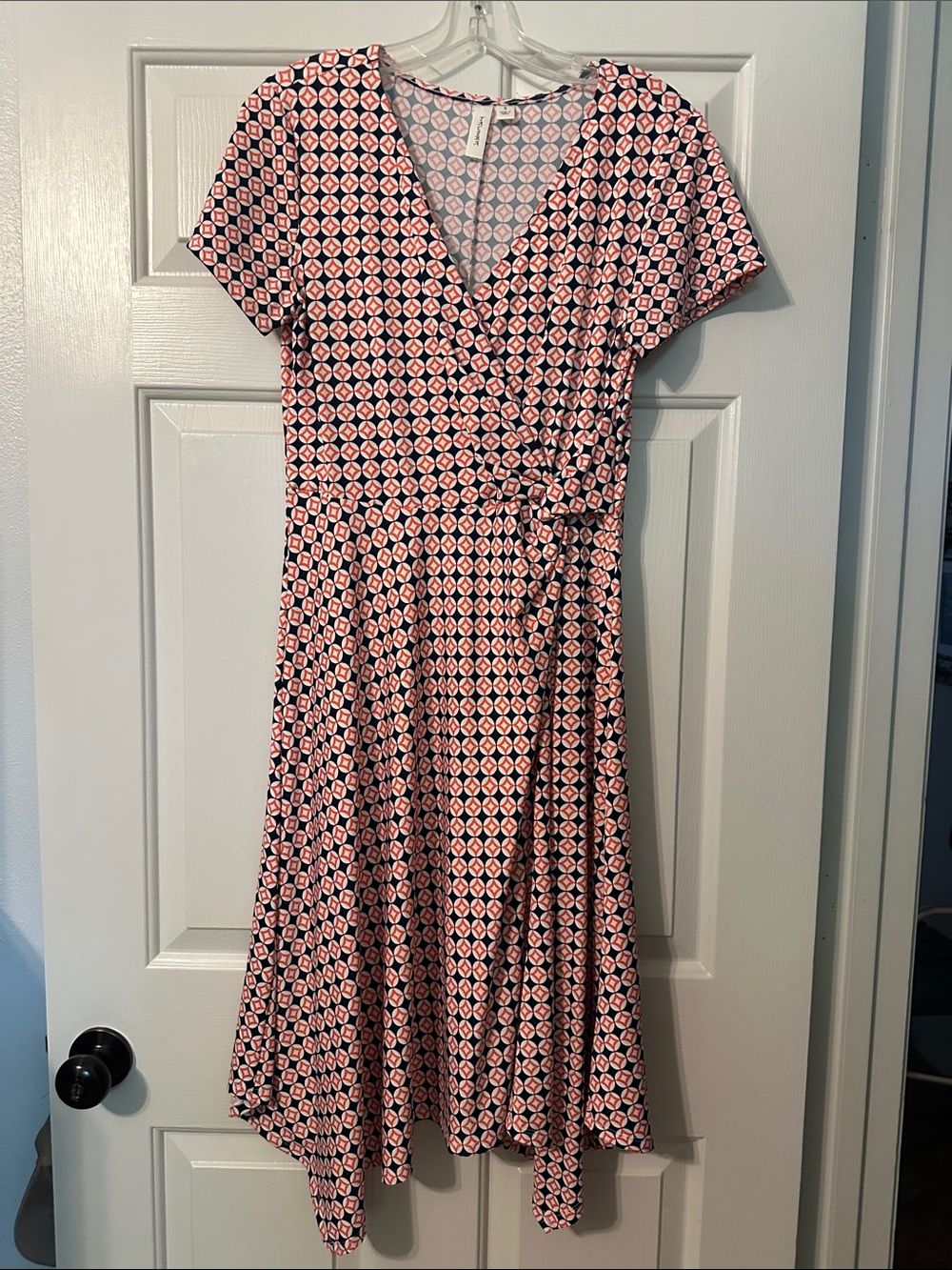 Tacera Pink & Navy Geometric Wrap High-Low Dress